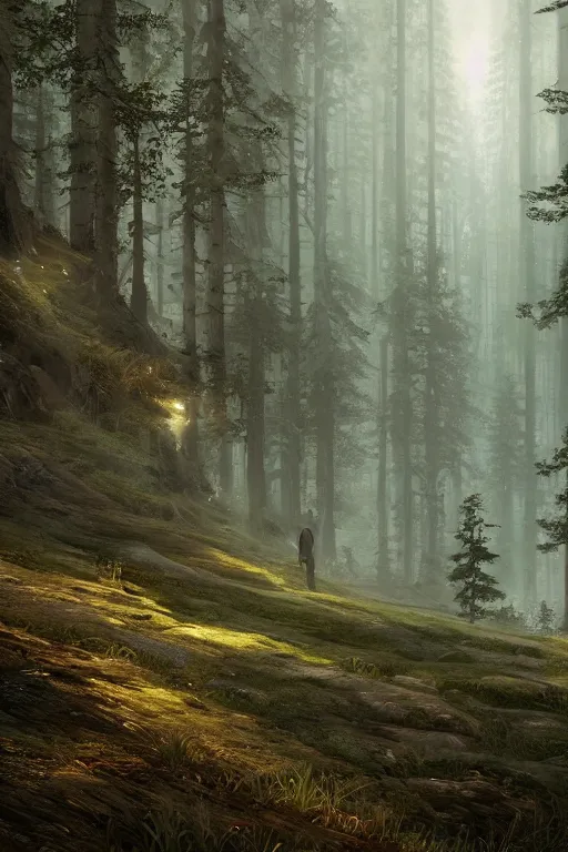 Image similar to A beautiful forest with a giant walking in the far distance by Greg Rutkowski, Sung Choi, Mitchell Mohrhauser, Maciej Kuciara, Johnson Ting, Maxim Verehin, Peter Konig, final fantasy , 8k photorealistic, cinematic lighting, HD, high details, atmospheric,