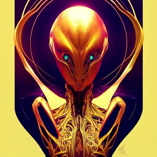 Prompt: hyper advanced alien evolved from dolphin, sci fi, glowing eyes, volumetric lights, gold theme, art nouveau botanicals, intricate, highly detailed, digital painting, artstation, concept art, smooth, sharp focus, cinematic, illustration, beautiful face, art by artgerm and greg rutkowski and alphonse mucha