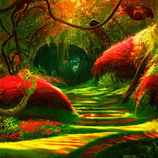 Image similar to alice in wonderland type of scenery. Vivid clolors. Computer art. Artstation. High resolution. 4k. - h 1200