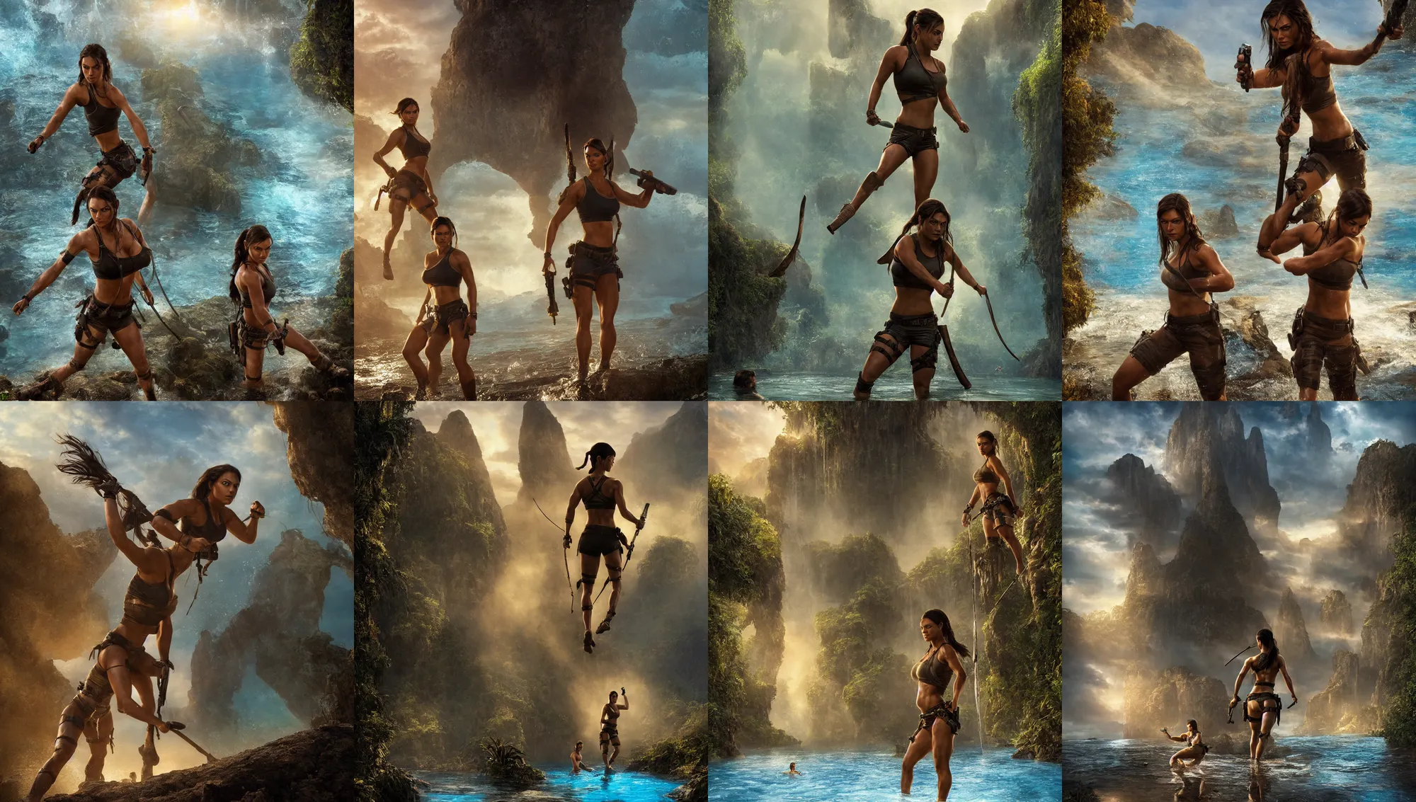 Image similar to muscled young mila kunis as lara croft as a ruggedly handsome amazon wading through shallow blue glowing water, 2 0 0 mm focal length, epic vista, ruins, sundown, golden hour, intricate, elegant, stanley lau, greg rutkowski