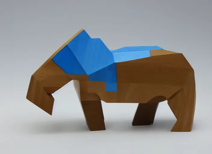 Image similar to a minimalist curvy shaped sculpture of hippopotamus!, ( ( wood ) ) and ( ( blue epoxy ) ) on top mix, cubic blocks stripes cuts, side view profile centered, studio, design, object, reddit