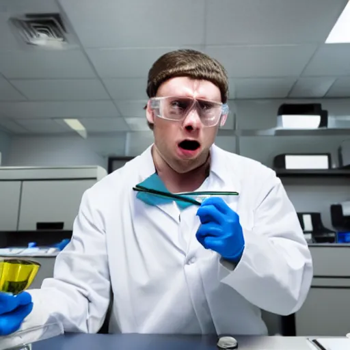 Prompt: a laboratory technician gets Angry at blood samples