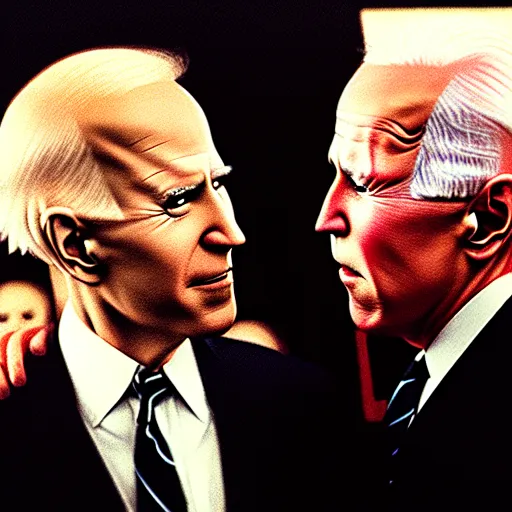 Image similar to portrait of nosferatu feeding whispering into joe biden's ear, correct faces, uhd hyperdetailed photo by annie leibowitz 5 0 mm lens