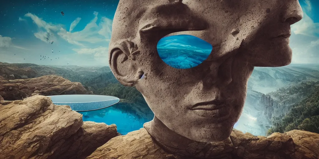 Image similar to artgem and Beeple masterpiece, hyperrealistic surrealism, wide angle landscape in California, award winning masterpiece with incredible details, epic stunning, infinity pool, a surreal liminal space, highly detailed, trending on ArtStation, calming, meditative, surreal, sharp details, dreamscape, giant head statue ruins, astronaut, crystal clear water