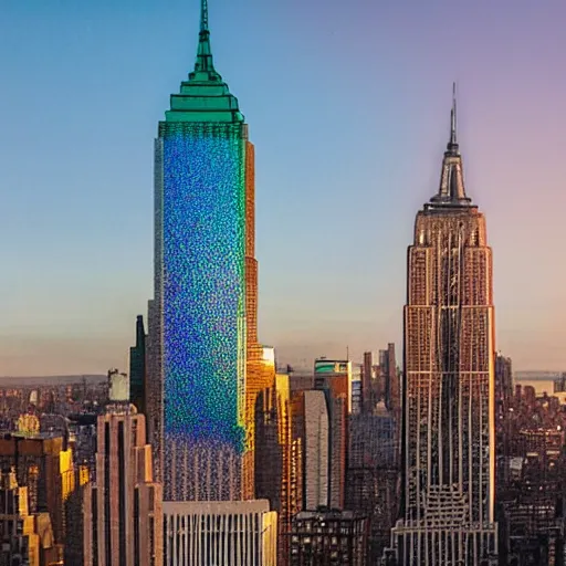 Image similar to buildings made of iridescent bubbles in the form of the new york skyline