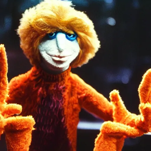 Prompt: still of a david bowie muppet designed by jim henson