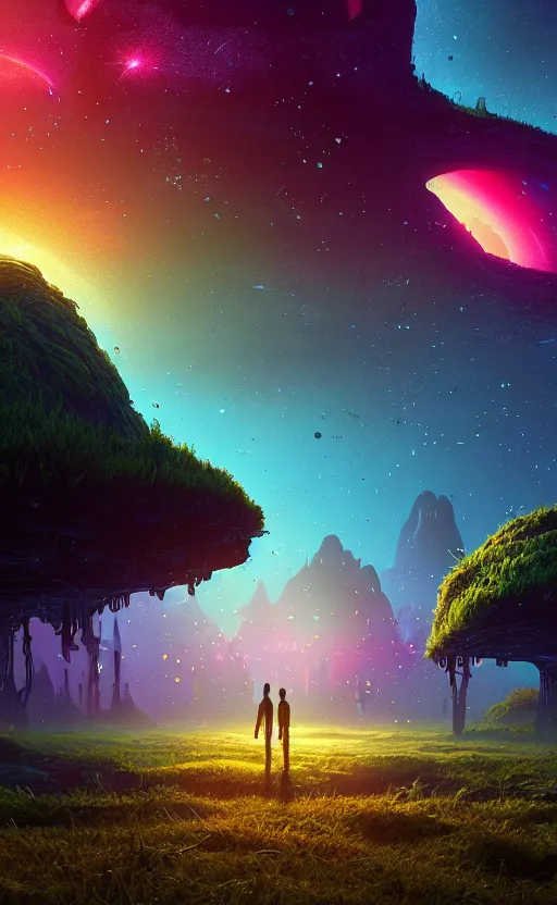 Image similar to An amazing alien landscape with lush vegetation and colourful galaxy foreground, digital art, breathtaking, golden ratio, extremely detailed, hyper-detailed, establishing shot, hyperrealistic, cinematic lighting, particles, unreal engine, simon stålenhag, rendered by Beeple, Makoto Shinkai, syd meade, Kentaro Miura, environment concept, artstation, octane render, 8K UHD image