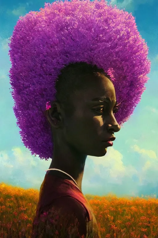 Image similar to portrait, giant lilac flower as head, black woman in heather field, surreal photography, golden hour, colorful clouds, impressionist painting, digital painting, artstation, simon stalenhag
