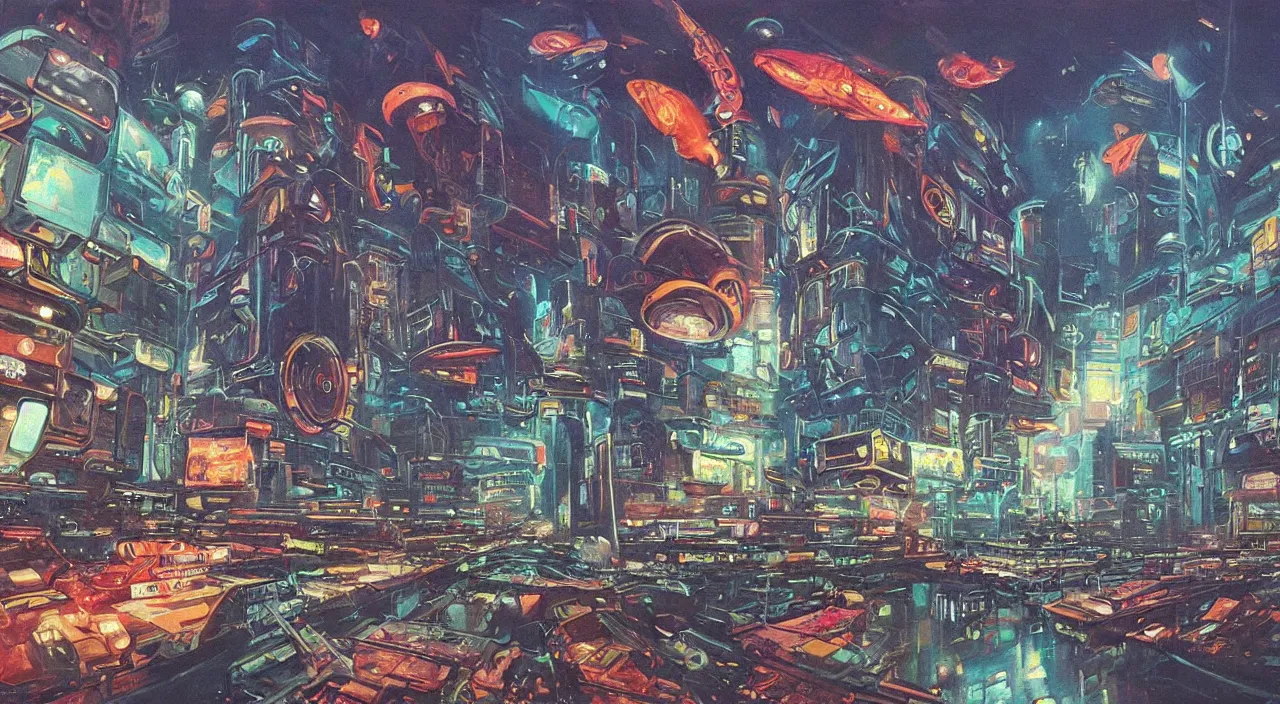 Prompt: A beautiful painting of a cyberpunk city at the bottom of the sea, 70s sci-fi, Retro Futurism Art