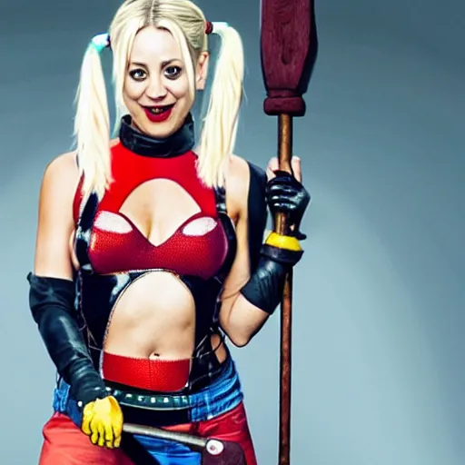 Prompt: A still of Kaley Cuoco as Harley Quinn, holding a sledgehammer