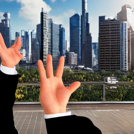 Image similar to futuristic world, man waving goodbye to group of people, ((cryptocurrency in background))