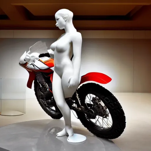 Image similar to a beautiful cinematic lit scene in the guggenheim museum of a white armless marble statue of a woman, with a motorcycle in background with motocross colors and corporate logos in the style of virgil abloh, matthew williams, offwhite, givenchy