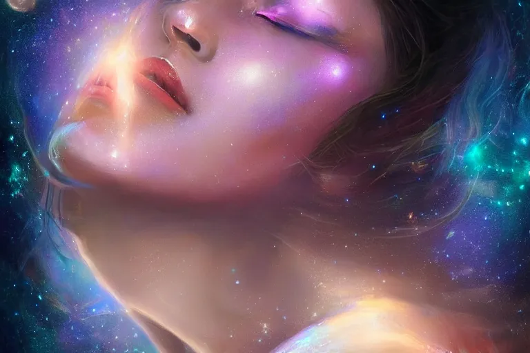 Prompt: a beautiful portrait of a female goddess with closed eyes, galaxy theme colors, galaxy theme colors, ultra realistic digital art by Greg Rutkowski and Raymond Swanland, Trending on Artstation, ultra realistic digital art, ultra realistic digital art