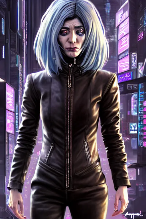 Image similar to hyperdetailed very close portrait of a european fourty years old woman with grey eyes in a leather suit with a pin in a cyberpunk city inspired by ross tran and wlop and masamune shirow and kuvshinov, concept art, intricate, photorealistic, octane render, rtx, hdr, unreal engine, dnd digital art by artgerm