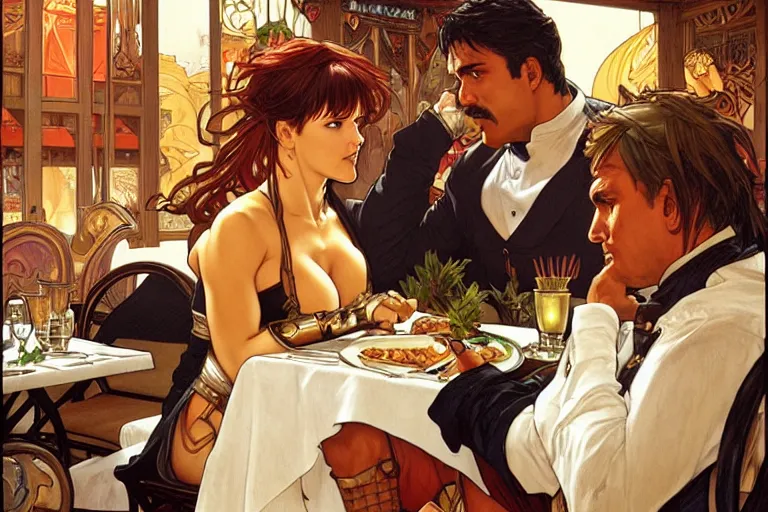 Image similar to xena warrior princess eating at a restaurant, with a hispanic man in a suit as her companion, art by artgerm and greg rutkowski and alphonse mucha