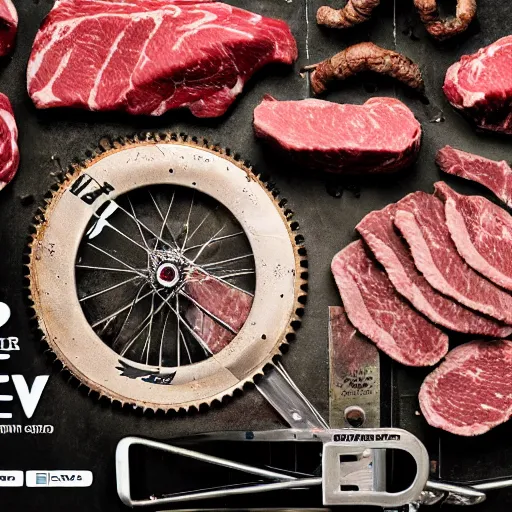 Image similar to meat cycle chimera, beef bike norco, flesh bicycle cannondale, glisten, oily, dripping, mechanical, professional food photography, high gloss magazine spread,