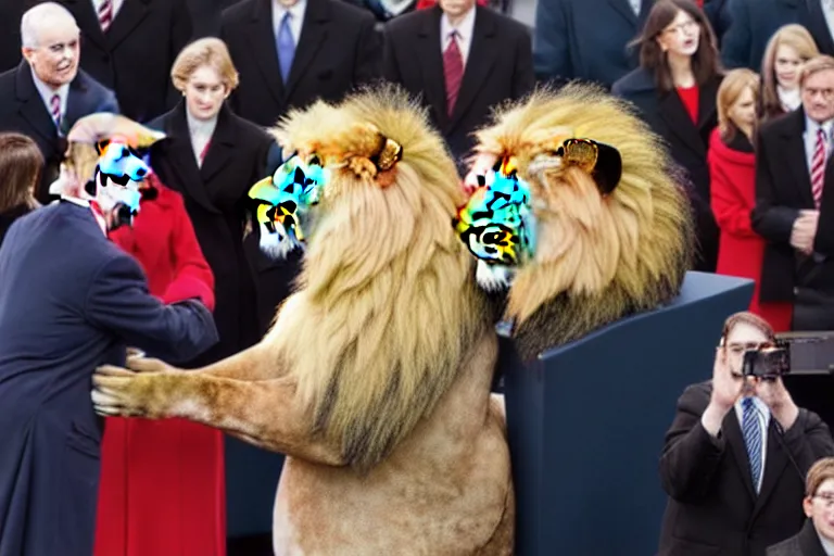 Image similar to photo of the usa presidential inauguration, a lion fursuiter being inaugurated as president