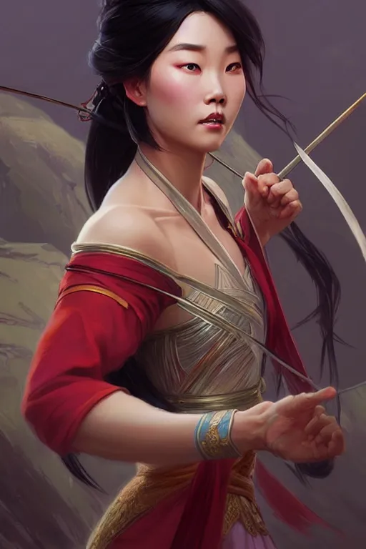 Image similar to Mulan, D&D, fantasy, intricate, elegant, highly detailed, digital painting, artstation, concept art, matte, sharp focus, illustration, art by Artgerm and Greg Rutkowski and Alphonse Mucha