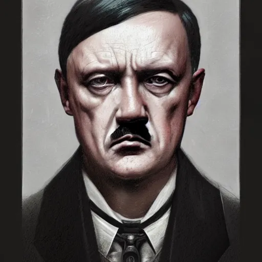 Prompt: portrait of Hitler in a black cloak, glowing eyes, detailed face, highly detailed, cinematic lighting, digital art painting by greg rutkowski.