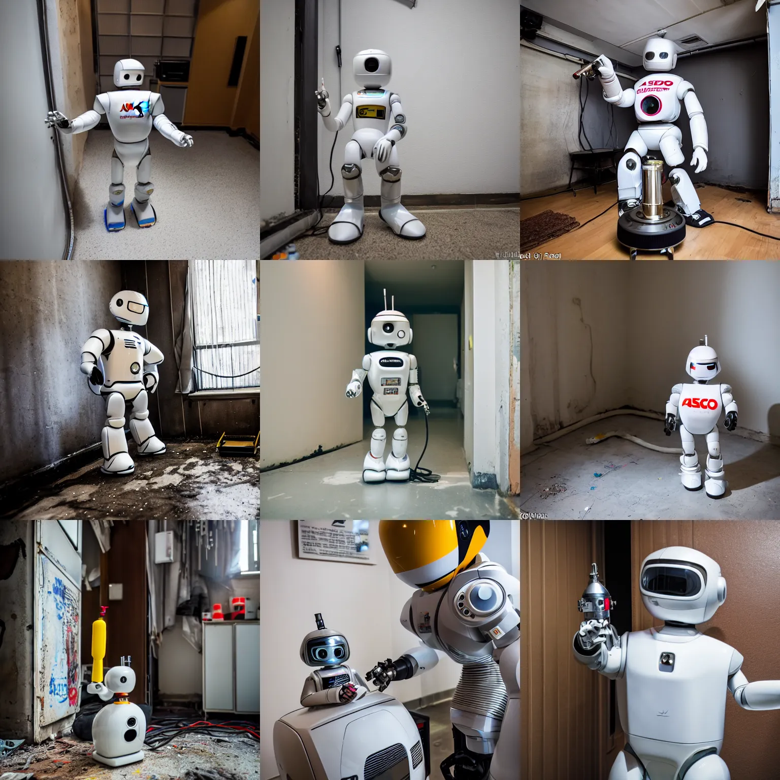 Prompt: asimo the robot, holding a bong, inside of a run down cyberpunk apartment, nikon d 8 1 0 | iso 6 4 | focal length 2 0 mm ( voigtlander 2 0 mm f 3. 5 ) | aperture f / 9 | exposure time 1 / 4 0 sec ( dri )