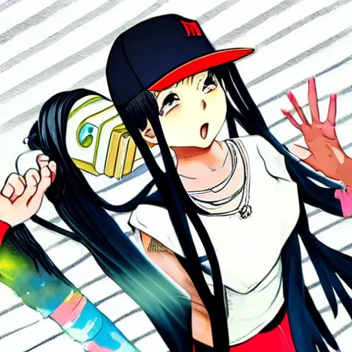 Image similar to anime art , hip-hop girl rapping with Eminem