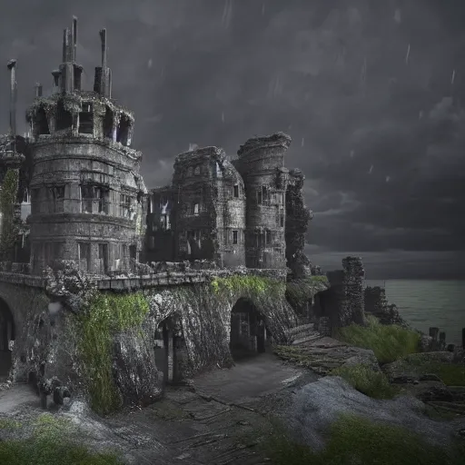 Image similar to hyperrealistic photograph of the haunted ruins of the black castle, dim volumetric lighting, 8 k, octane beautifully detailed render, extremely hyper detailed, intricate, epic composition, cinematic lighting, masterpiece, trending on artstation, very very detailed, stunning, hdr, smooth, sharp focus, high resolution, award, winning photo, dslr, 5 0 mm