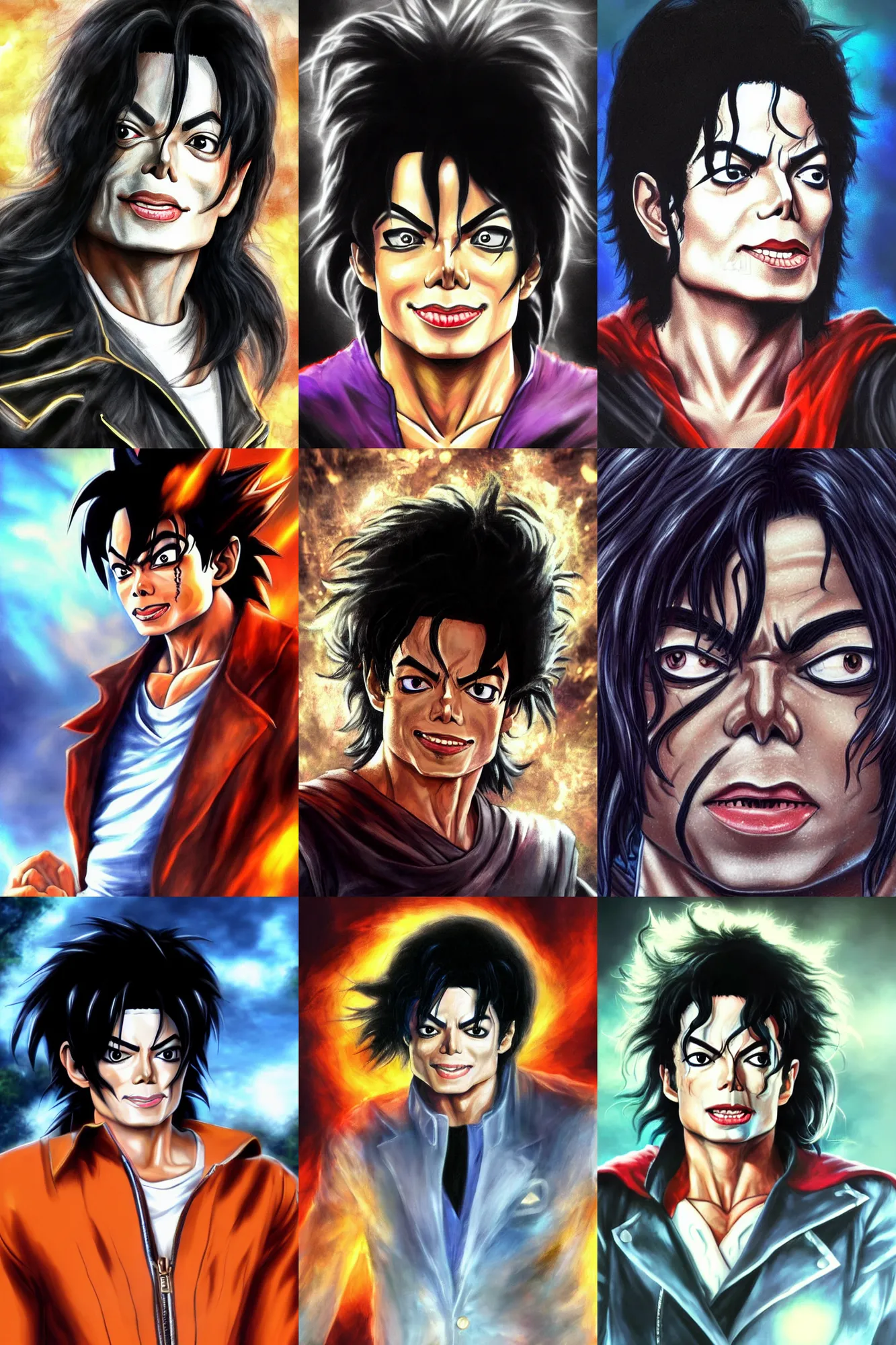 Prompt: michael jackson!!!! realistic dramatic !big face close up concept art of michael jackson as a dragon ball Z character, beautiful landscape bokeh , 4k anime character illustration by akira toriyama, artstation