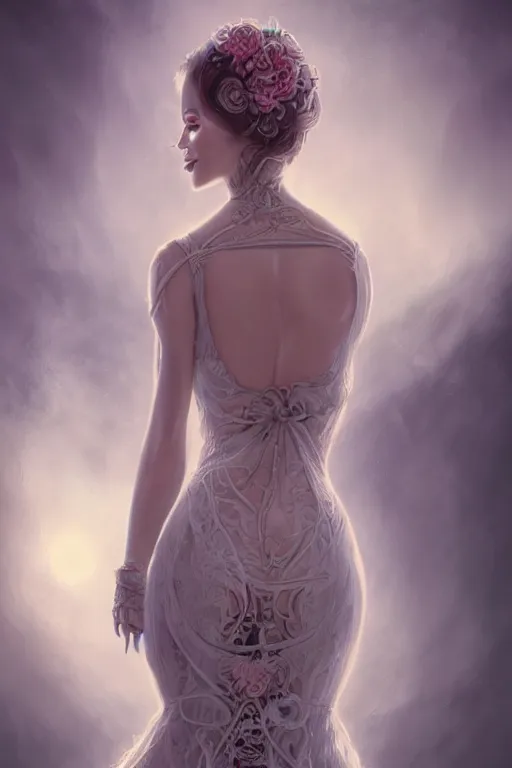 Image similar to ultra realist and ultra intricate detailed character concept art of a beautiful flirt muerte girl in a curvy long dress facing camera, symmetry features, sensual gloomy style, soft painting, volumetric light and fog, fantasy background, artstation, Tom Bagshaw artstyle, unreal render