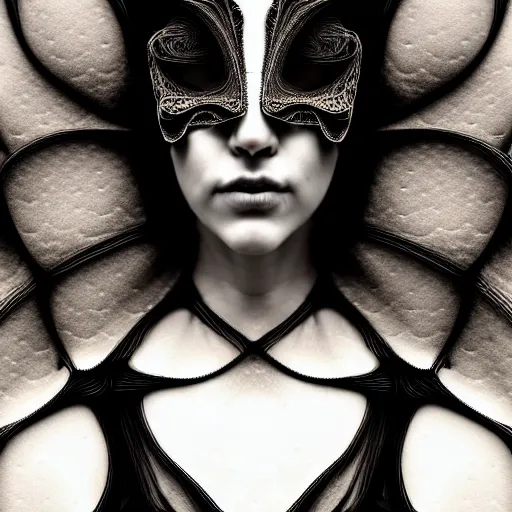 Prompt: portrait of a young beautiful woman with a mask. contemporary photograph and speed painting and fractal and mandelbulb and lines and scribble art. black and white. intricate, elegant, super highly detailed, professional digital painting, artstation, concept art, smooth, sharp focus, no blur, no dof, extreme illustration, Unreal Engine 5, Photorealism, HD quality, 8k resolution, cinema 4d, 3D, beautiful, cinematic, art by artgerm and greg rutkowski and alphonse mucha and loish and WLOP.