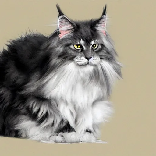 Image similar to a big old menacing dark grey maine coon cat with white belly, white paws and white face markings with long fur and fluffy tail, sitting, intricate, elegant, highly detailed, digital painting, artstation, concept art, matte, sharp focus, illustration, art by Artgerm and Greg Rutkowski and Alphonse Mucha