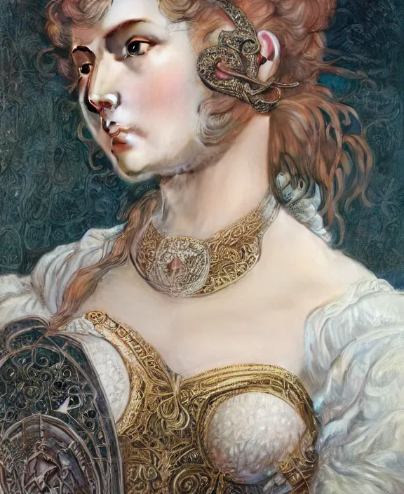 Image similar to the moon goddess, intricate and detailed lace set, suspenders, honey birdette, realistic renaissance portrait, highly detailed, digital painting, artstation, concept art, smooth, sharp focus, cinematic lighting, art by john collier, artgerm and greg rutkowski and alphonse mucha and jacques louis david