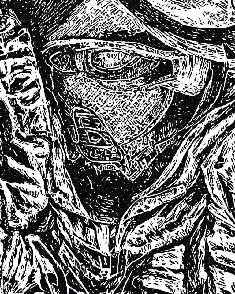 Prompt: a detailed lifelike linocut engraving of mf doom