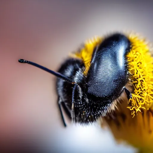 Image similar to macro photography of a bee landing on the pollen covered nose of a dog. bokeh. contest winning photography. 4 k. hyper - realistic