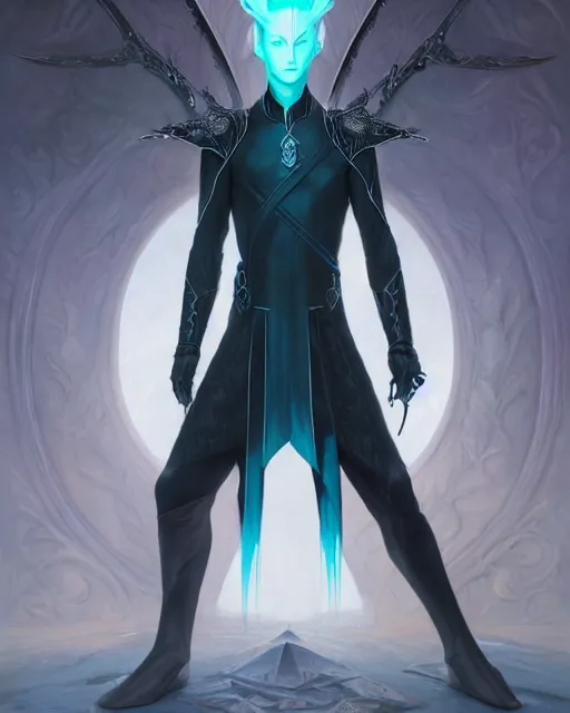 Image similar to character portrait of a slender young half elven man with white hair, piercing turquoise blue eyes, and pale blue skin, wearing sleek black armor, by greg rutkowski, mark brookes, jim burns, tom bagshaw, magali villeneuve, trending on artstation