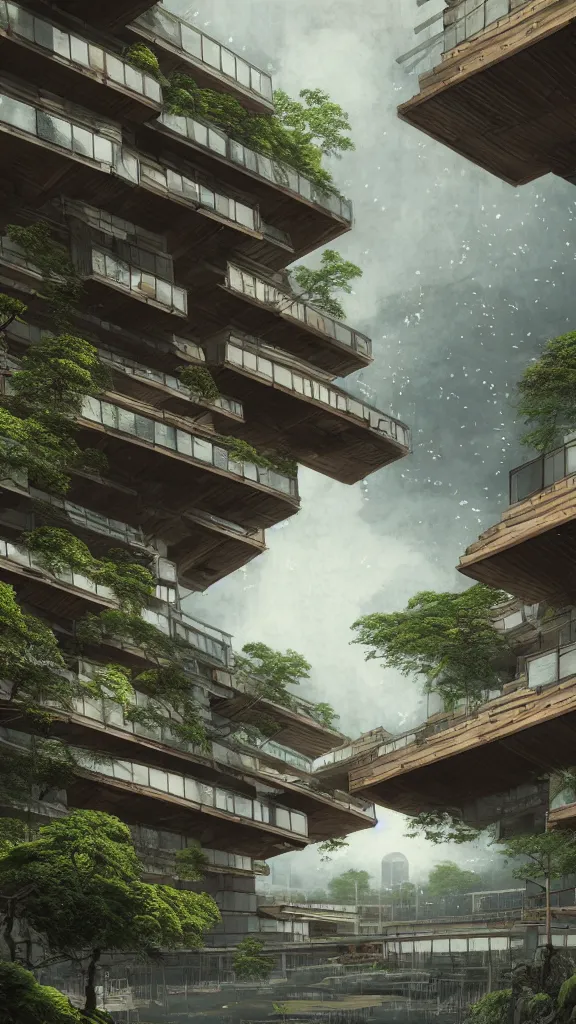 Prompt: photo in style of hiroshige and piranesi. biopunk mass - timber futuristic building in a urban setting. hyper realistic. cloudy morning. mossy buildings with deep tall balconies, plants, trees. warm ombre earth tones. thin random columns. large windows with people. deep overhangs. 8 k, volumetric lighting.