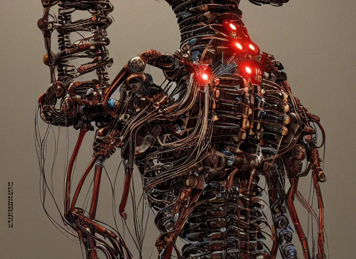 Image similar to Techno-biological rusty robot geisha consisting of veins, bones, kidneys, wires. Biopunk, body armor, high detail, photorealism, full length view, concept art, dark background, Dan Mumford, Quixel Megascans, octane render, 16k, 8k