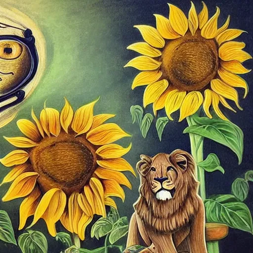 Image similar to lions and sunflowers 🌻🌫 in the style of salvador dali