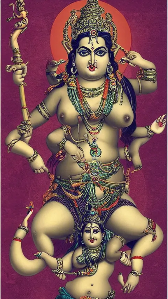 Prompt: curvy body of hindu goddess devi, holding a skull on one hand and trident on another, posing for playboy photoshoot