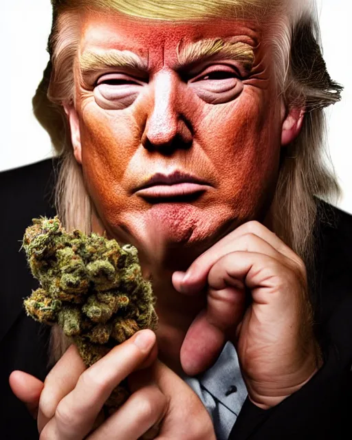 Prompt: donald trump with hippie hair, hippie clothes, smoking cannabis, photorealistic photographed in the style of annie leibovitz, studio lighting