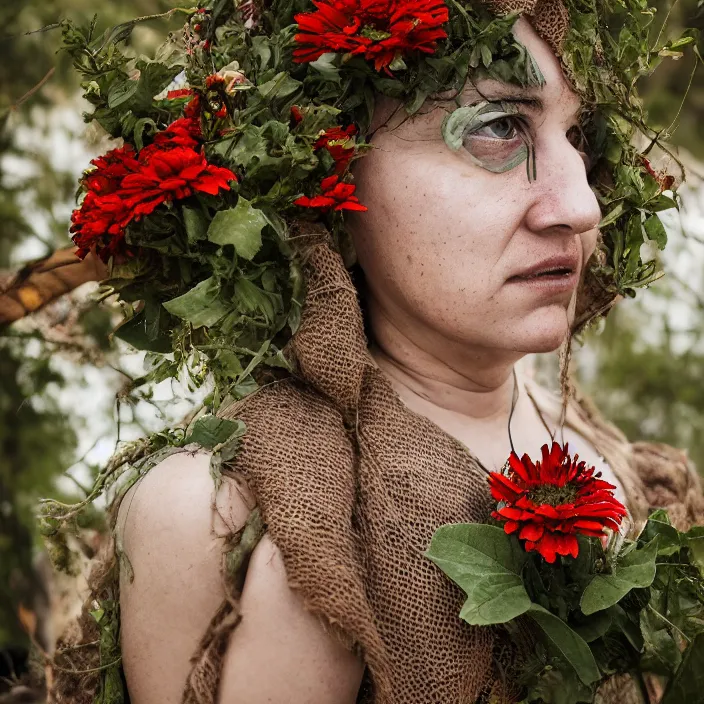 Image similar to a woman wearing a hooded cloak made of zinnias and barbed wire, in a derelict house, by Omar Z. Robles, natural light, detailed face, CANON Eos C300, ƒ1.8, 35mm, 8K, medium-format print