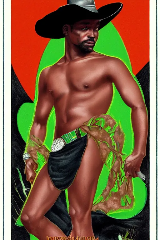 Prompt: tarot card of a beautiful shirtless black cowboy in a cowboy hat, green background with silver trim, homoerotic, art deco, art nouveau, trending on artstation