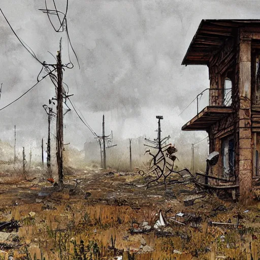 Image similar to painting of a abandoned post soviet town infested with humanoid root monsters by jakub rozalski