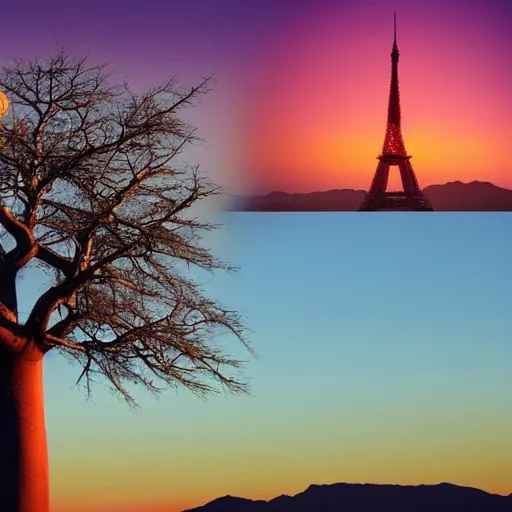 Image similar to baobab tree sunset with mountains and a pink eiffel tower upside down