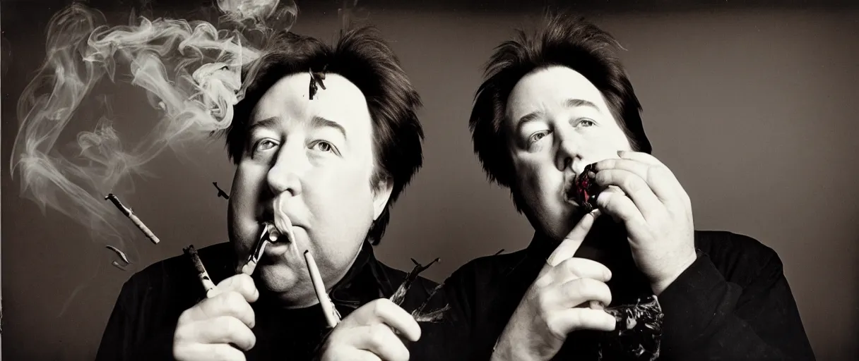 Image similar to award winning photo of BILL HICKS finds a treasure in an apartment smoking, vivid colors, happy, symmetrical face, beautiful eyes, studio lighting, wide shot art by Sally Mann & Arnold Newman