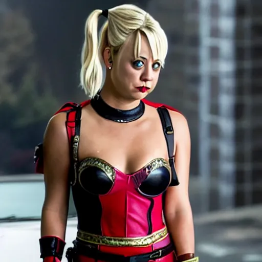 Image similar to A still of Kaley Cuoco as Harley Quinn