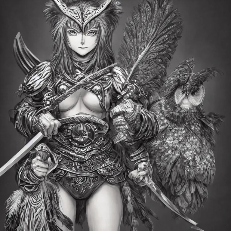 Image similar to muscular female owl warrior, realistic proportions, sharp focus, beautiful face, wearing feather armor, wielding an owl broadsword, symmetrical, highly detailed, engraving kentaro miura manga art style trending on artstation 8 k