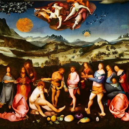 Prompt: Psychedelic Mushroom gathering, renaissance masterpiece