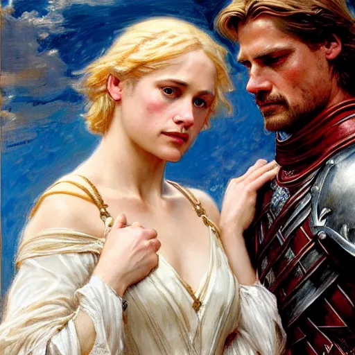 Image similar to attractive fully clothed jaime lannister confesses his love for his attractive fully clothed brienne of tarth. highly detailed painting by gaston bussiere and j. c. leyendecker 8 k