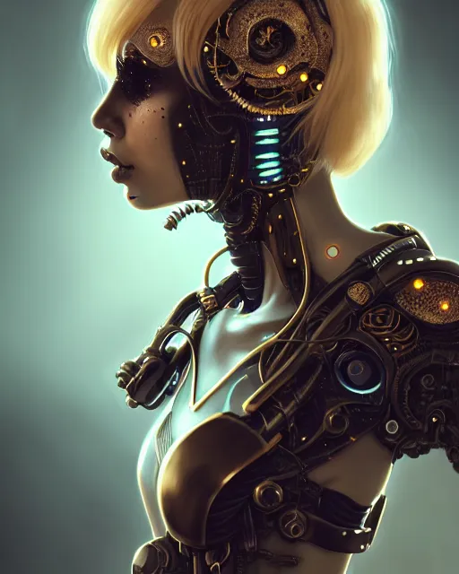 Image similar to soft lustrous ebony ivory biotech raver gutter punk gothic cyborg, golden ratio, details, scifi, fantasy, cyberpunk, intricate, decadent, highly detailed, digital painting, octane render, artstation, concept art, smooth, sharp focus, illustration, art by artgerm, loish, wlop