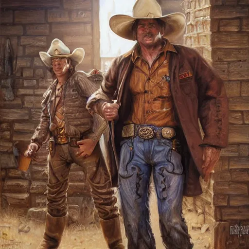 Image similar to two cowboys in a bar fighting ghouls, fantasy D&D character, portrait art by Donato Giancola and James Gurney, digital art, trending on artstation